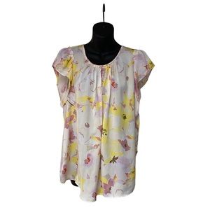 LC Lauren Conrad Pastel Floral Pleated Scoop Neck Cap Sleeve Top